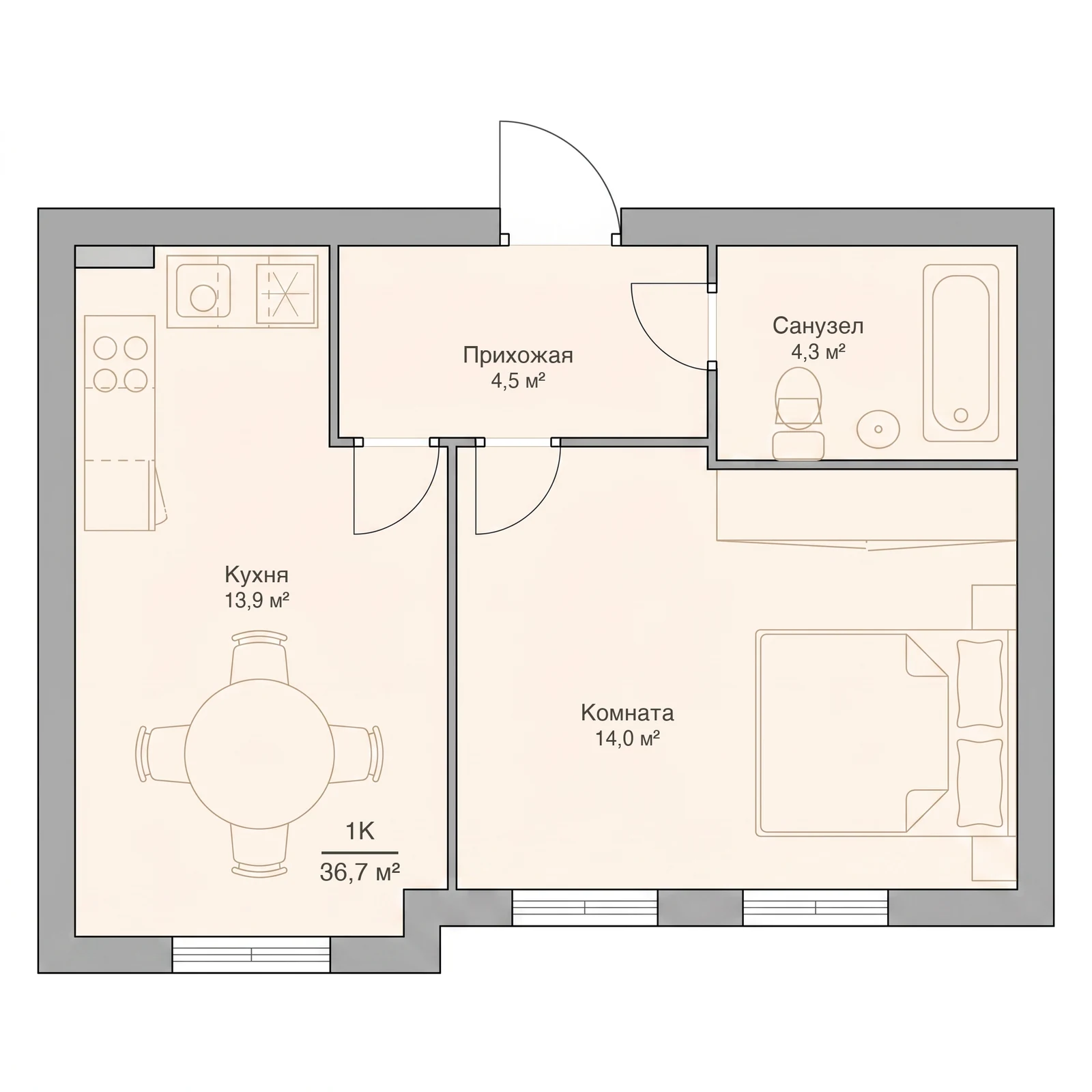 Планировка однокомнатной квартиры 36,7 м², квартира №1 — ЖК «Невский на Ивановской» в Костроме