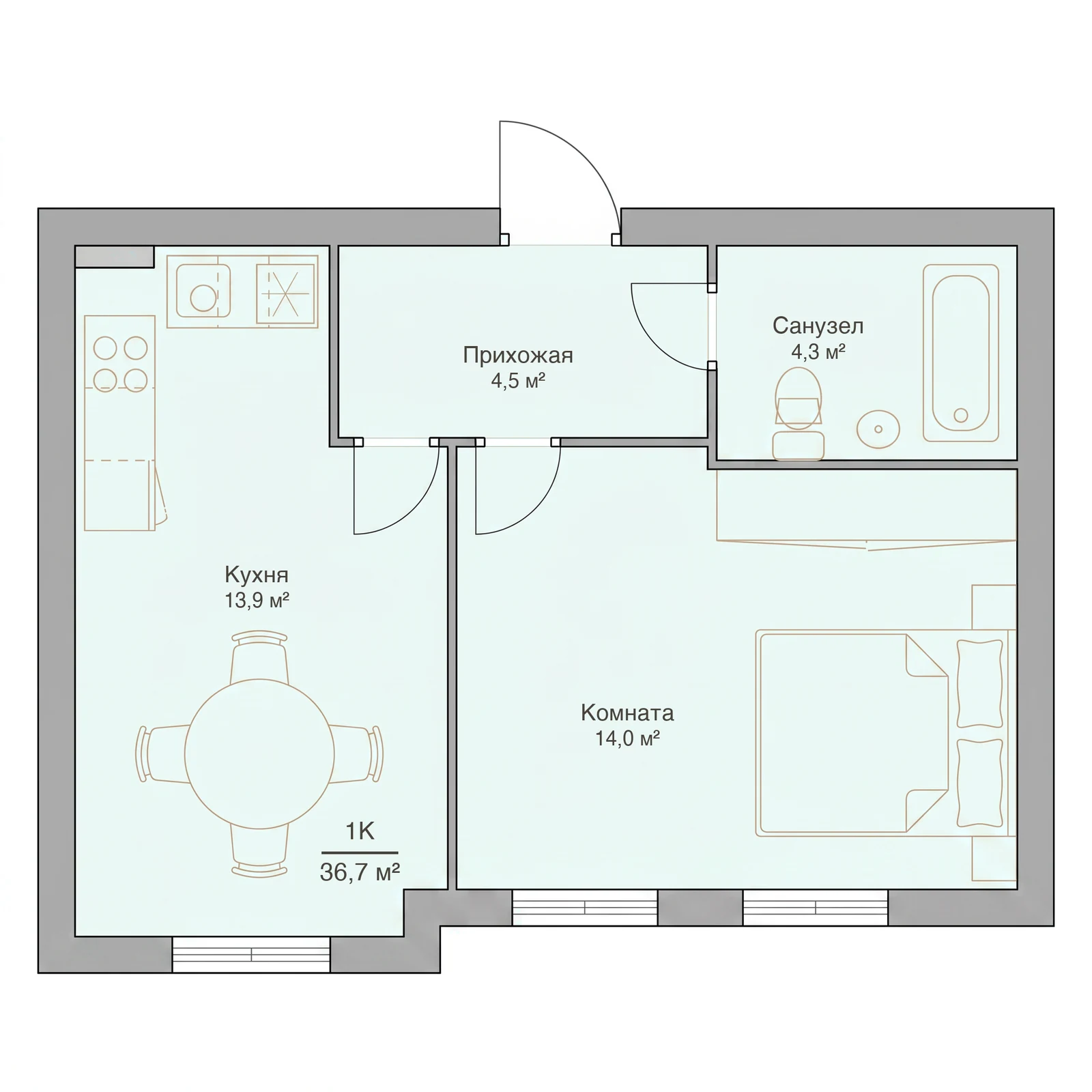 Планировка однокомнатной квартиры 36,7 м², квартира №7 — ЖК «Невский на Ивановской» в Костроме