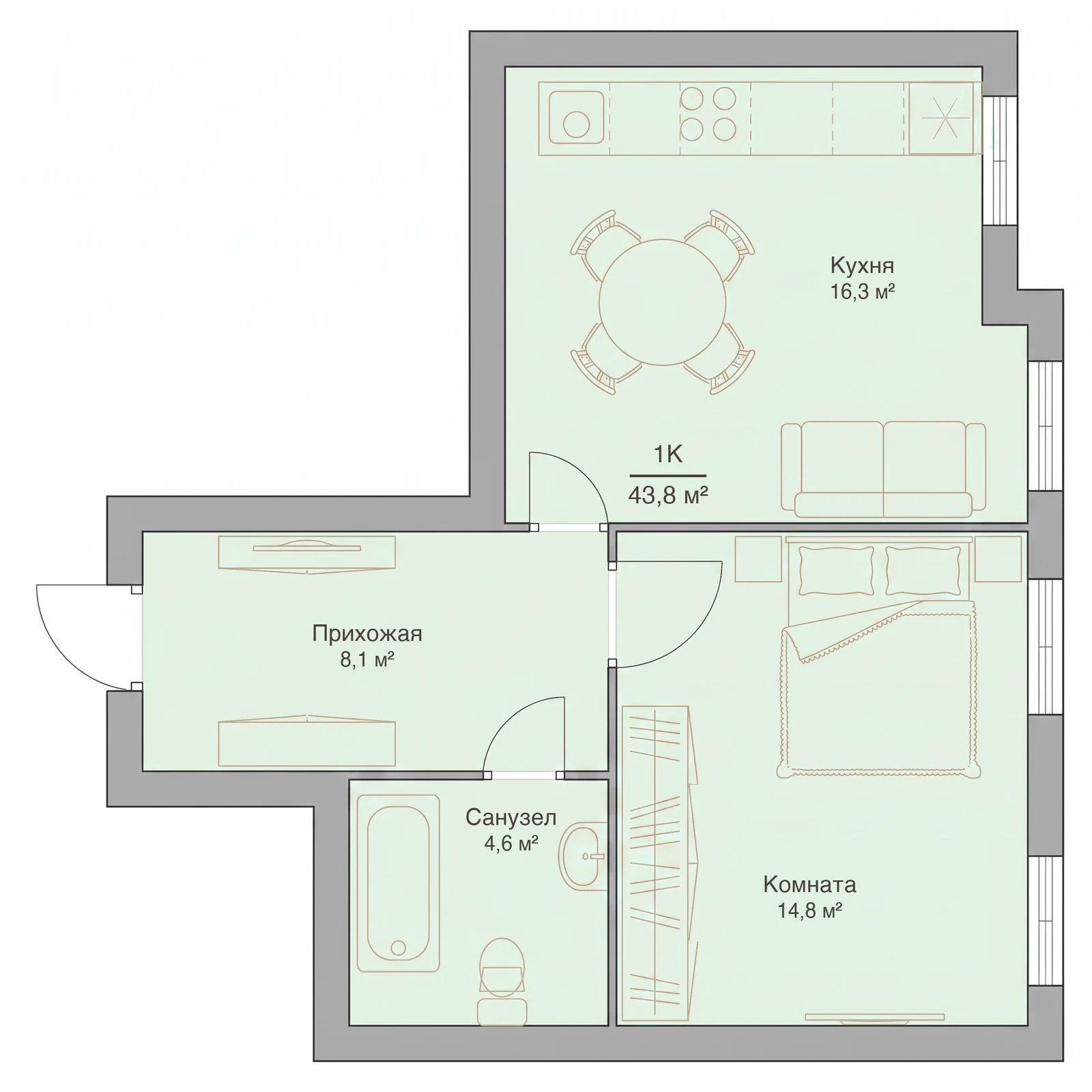 Планировка однокомнатной квартиры 43,8 м², квартира №11 — ЖК «Невский на Ивановской» в Костроме