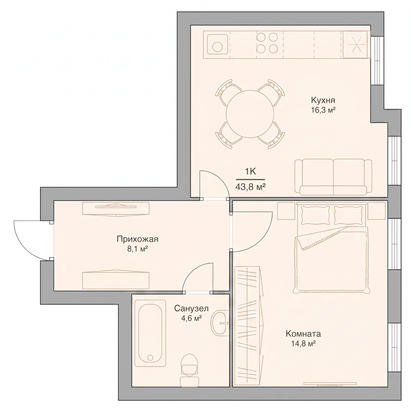 Планировка однокомнатной квартиры 43,8 м², квартира №5 — ЖК «Невский на Ивановской» в Костроме