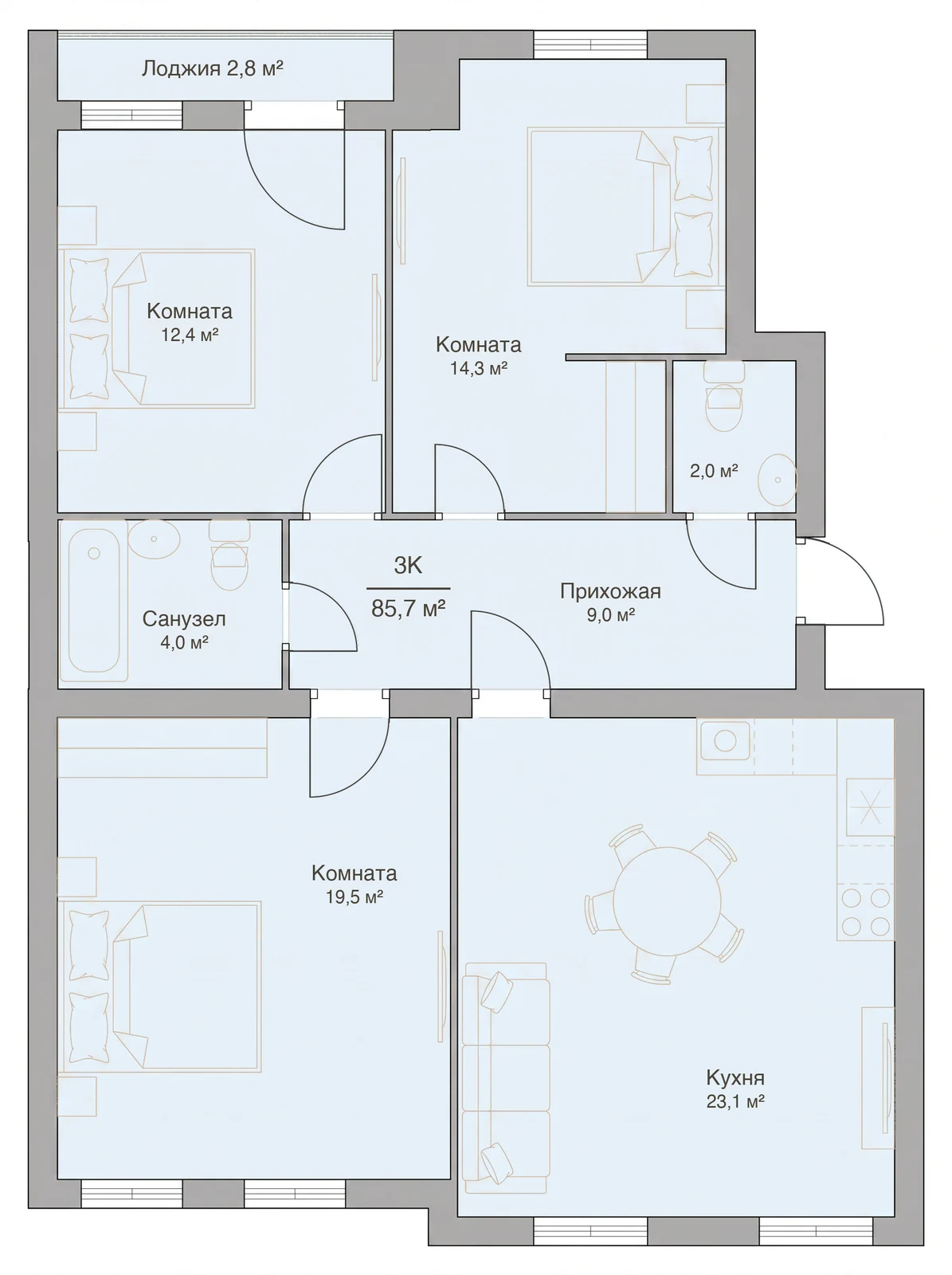 Планировка трёхкомнатной квартиры 85,7 м², квартира №8 — ЖК «Невский на Ивановской» в Костроме